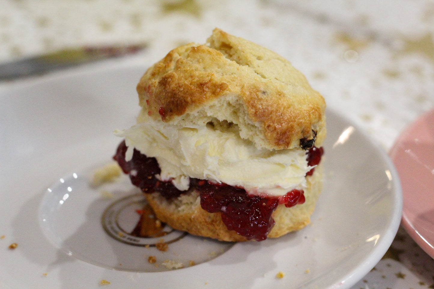 A filled scone with jam on the bottom and clotted cream at the top of the filling