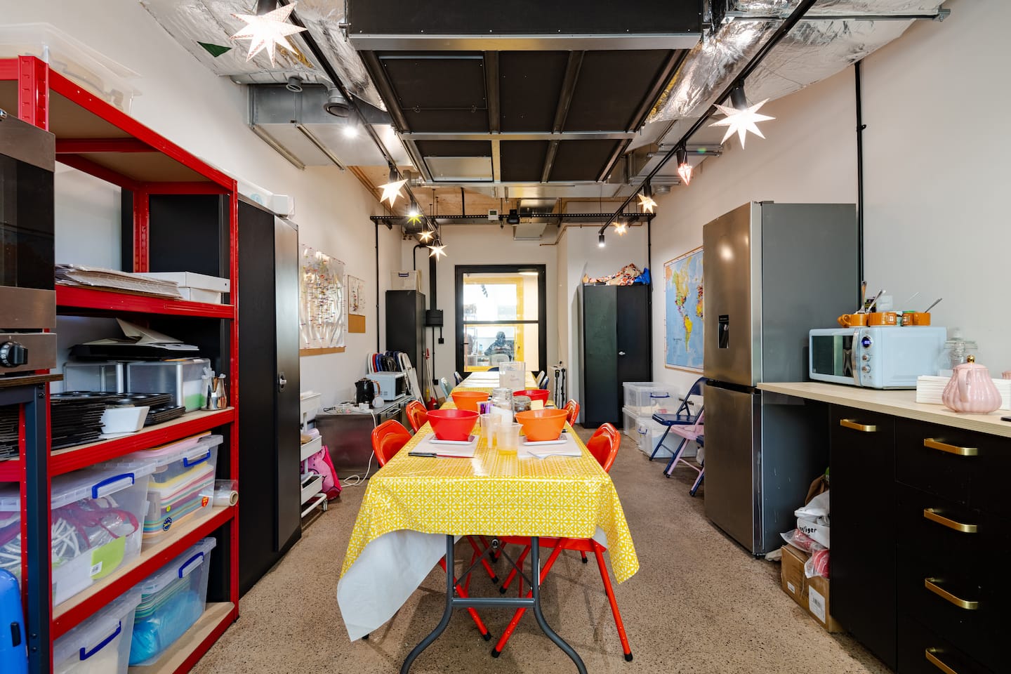 The place where the scones are made. A long table is in the middle, with plenty of room for everyone.