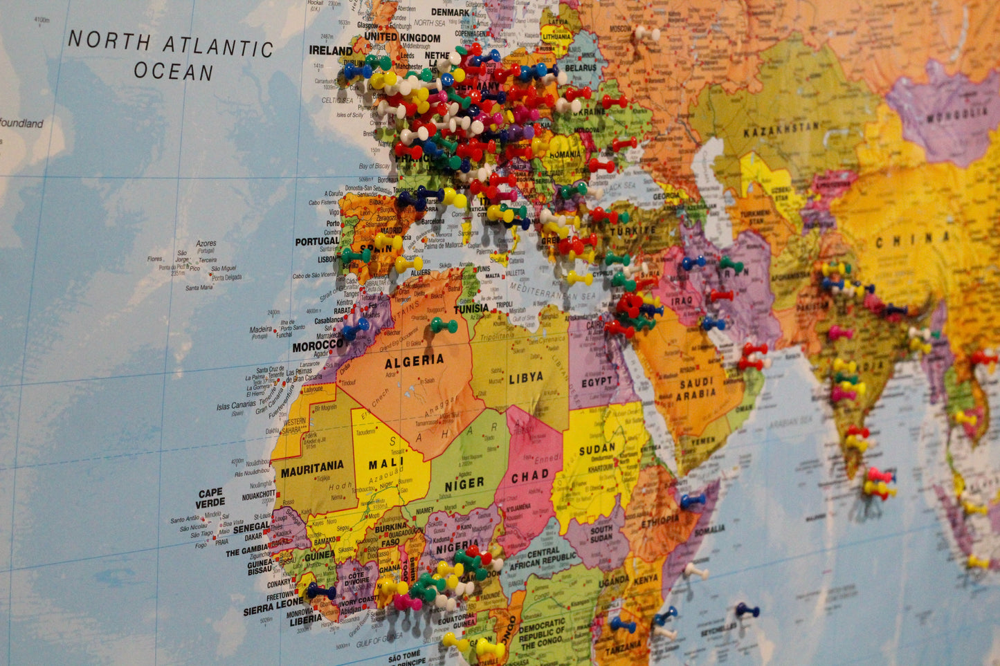 A map of the world filled with coloured pins showing where our customers have come from!